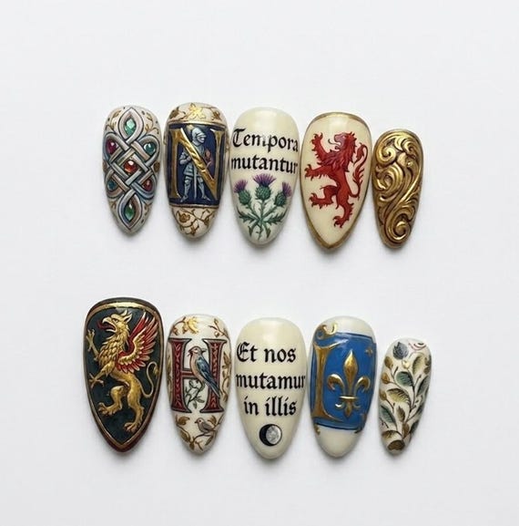 Medieval Illuminated Manuscript 3D Press On Nails, Latin Calligraphy Royal Heraldry Art, Knight & Lion Custom, Almond Shape