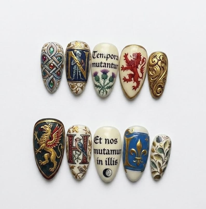 Medieval Illuminated Manuscript 3D Press On Nails, Latin Calligraphy Royal Heraldry Art, Knight & Lion Custom, Almond Shape bild 1