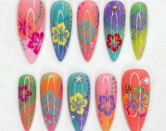 Handmade Vibrant Colorful Hibiscus Press On Nails | Luxury Tropical Summer Neon Ombre Art | Cute Hawaii Beach Party Stiletto Nails