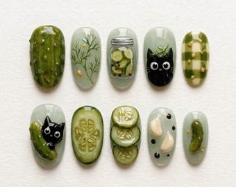 Handmade Pickle Press On Nails | Black Cat, Cucumber Slices, Jar, Sage Green Short Nails