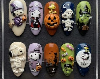 Handmade Snoopy Halloween Press On Nails | Pumpkin, Mummy, Vampire, Frankenstein, 3D Art, Almond Nails For Spooky Vibe