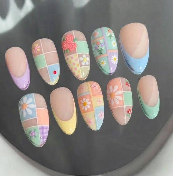 Handmade Pastel Color Block Press On Nails | 3D Daisy, Rose & French Tip Art | Whimsical Spring Fake Nails Set