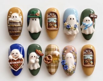 Handmade Oktoberfest Press On Nails | Little Ghost, Beer, Pretzel, Sausage, 3D Festival Almond Nails