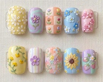 Handmade Pastel Spring Floral Press On Nails | Luxury 3D Cottagecore Flower Garden Art | Short Squoval Sunflower Strawberry Custom Nails Set