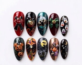 Handmade Halloween Press On Nails | Vampire Mouse, Poison Apple, Ghost, Bat, Pumpkin, Almond Nails