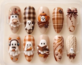 Handmade Fall Press On Nails | 3D Ghost, Pumpkin & Plaid Art | Cozy Autumn Fake Nails Set