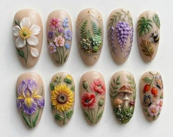 Uñas postizas botánicas hechas a mano con flores silvestres / Arte realista en 3D de girasoles, amapolas y setas / Set de uñas con estética de herbario inspiradas en la naturaleza