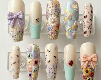 Handmade Cottagecore Garden Press On Nails | 3D Gingham Bow Bee & Ladybug Art | Vibrant Realistic Floral Wildflower Nails Set