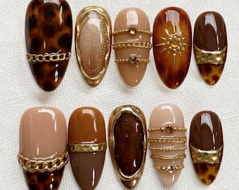 Handmade Tortoiseshell Press On Nails | Gold Chain, Sunburst, Brown Gradient, Luxury Almond Nails