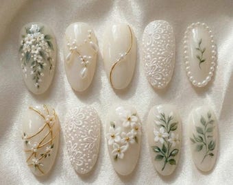 Handmade Ivory Bridal Press On Nails | Elegant 3D White Flower & Pearl Art | Vintage Lace Embroidery Wedding Custom Gel Nails Set