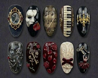 Handmade Phantom of the Opera Press On Nails | 3D Masquerade Mask, Piano & Rose Art | Gothic Musical Theatre Aesthetic Nails