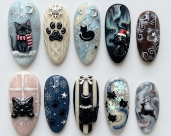 Handmade Press On Nails | Winter Black Cat, Holiday Scarf, Snowflakes, Kitty, Almond Nails