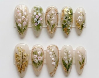 Handmade Ethereal Lily of the Valley Press On Nails | Luxury Watercolor White Bell Flower Gold Foil Art | Elegant Milky Jelly Wedding Nails