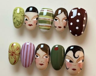 Handmade Art Deco Portrait Press On Nails | Cubism Face, Polka Dot & Olive Green Art | Short Round Nails For Vintage 1920s Glam Vibe
