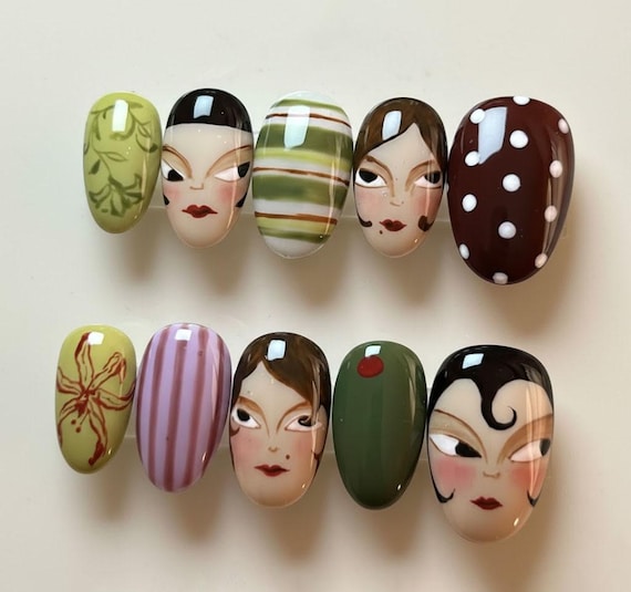 Handmade Art Deco Portrait Press On Nails | Cubism Face, Polka Dot & Olive Green Art | Short Round Nails For Vintage 1920s Glam Vibe