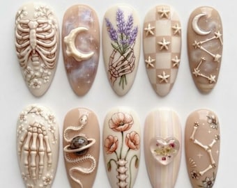 Handmade Celestial Skeleton Press On Nails | 3D Bone, Moon Phase, Snake, Poppy Flower,  Almond Nails
