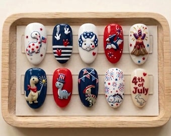 Handmade Patriotic Dinosaur Press On Nails | Cute 3D Baby Dino 4th of July Art | Luxury Red, White & Blue Americana Summer Festival Nails