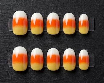 Handmade Halloween Press On Nails | Candy Corn Gradient, Orange Yellow White, Glossy Short Nails