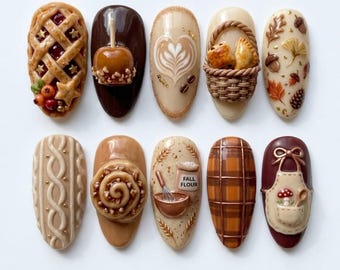 Handmade Autumn Press On Nails | Fall Bakery, Apple Caramel, Coffee Latte Art, Knit Sweater, Almond Nails