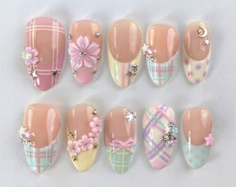 Handmade Sweet Pastel Plaid Press On Nails | 3D Flower, Star & Bow Art | Dreamy Kawaii Fake Nails Set