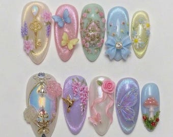 Uñas postizas Fairycore Garden hechas a mano / Arte de mariposas y rosas en 3D de lujo / Set de uñas personalizadas con un lindo lazo coqueto en rosa pastel y verde salvia
