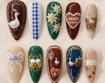 Handmade Oktoberfest Press On Nails | Beer Mugs, Duck, Gingerbread Heart, Blue Plaid, 3D Almond Festival Nails