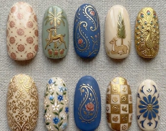 Handmade Persian Miniature Art Press On Nails | 3D Golden Peacock, Gazelle & Paisley Design | Luxury Oriental Aesthetic Nails