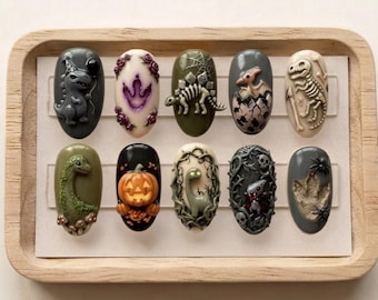 Handmade Dinosaur Halloween Press On Nails | Skeleton, Pumpkin, 3D Dino Fossil, Almond Nails For Spooky Season Vibe