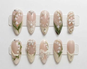 Handmade Lily of the Valley Press On Nails | 3D White Flower, Pearl Beads, Lace Bow, French Tips, Elegant Almond Nails