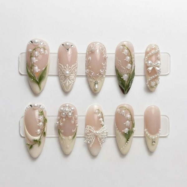 Handmade Lily of the Valley Press On Nails | 3D White Flower, Pearl Beads, Lace Bow, French Tips, Elegant Almond Nails