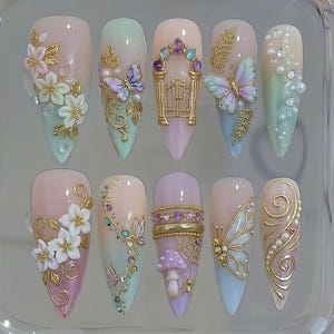 Handmade Fairytale Garden Press On Nails | 3D Butterfly, Golden Gate, Mushroom & Floral Art | Magical Fantasy Fake Nails Set