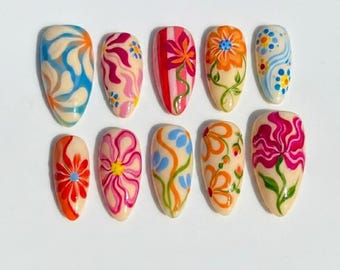 Handmade Vibrant Retro Floral Press On Nails | Colorful Pop Art Summer Bloom Art | Whimsical Freestyle Medium Almond Custom Nails Set