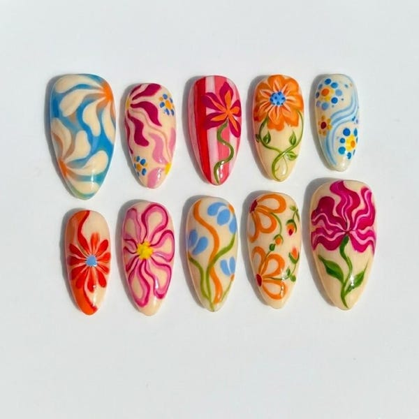 Handmade Vibrant Retro Floral Press On Nails | Colorful Pop Art Summer Bloom Art | Whimsical Freestyle Medium Almond Custom Nails Set