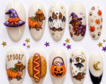 Handmade Halloween Dachshund Press On Nails | 3D Dog, Pumpkin & Witch Art | Spooky Puppy Fake Nails Set