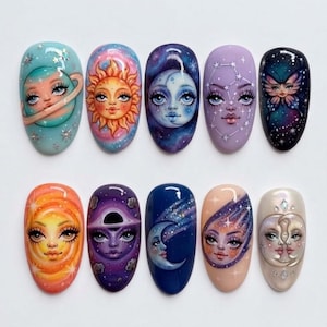 Handmade Celestial Space Press On Nails | 3D Sun, Moon & Galaxy Face Art | Mystical Universe Fake Nails Set
