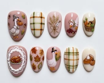 Handmade Thanksgiving Press On Nails | Pilgrim Goose, Fall Plaid, Harvest Basket, Pumpkin Pie, Oval Nails