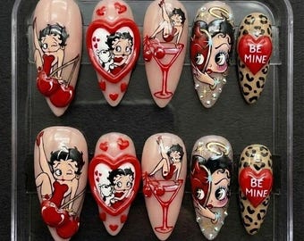 Handmade Betty Boop Vintage Press On Nails | Cherry, Leopard Print, Angel & Devil Art, 3D Heart | Almond Nails For Baddie Retro Vibe