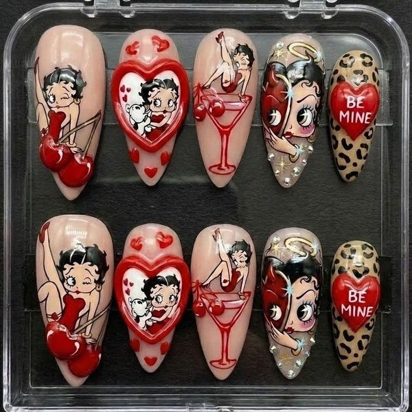 Handmade Betty Boop Vintage Press On Nails | Cherry, Leopard Print, Angel & Devil Art, 3D Heart | Almond Nails For Baddie Retro Vibe
