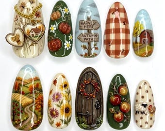 Handmade Autumn Countryside Press On Nails | Harvest Pumpkin, Farm Landscape, 3D Charm, Buffalo Plaid, Almond Fall Nails For Cozy Vibe