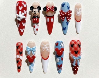 Handmade Disney Mouse Press On Nails | Cute Bows, Polka Dots, Head & Pearl Embellishments | Stiletto Nails For Classic Cartoon Vibe