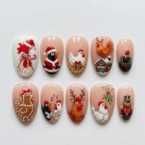 May include: A set of ten press-on nails featuring festive holiday designs on a nude base. The illustrations include chickens dressed as Santa, a gingerbread chicken, a chicken with reindeer antlers, a nutcracker chicken, and a chicken under mistletoe.