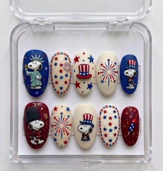 Handmade Patriotic Snoopy Press On Nails | 3D Liberty Snoopy, Fireworks & Stars Art | Luxury Red White Blue Americana Aesthetic Nails Set