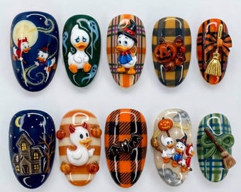 Handmade Halloween Press On Nails | Cartoon Duck, Spooky House, Fall Plaid, 3D Pumpkin, Medium Round Nails