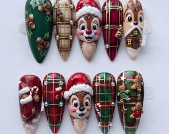 Handmade Press On Nails | Christmas Chip, Festive Plaid, Gingerbread Man, Almond Nails