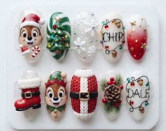 Handmade Christmas Press On Nails | Chip 'n Dale, Santa Suit, Tree, Knit Texture, Almond Nails