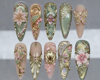 Handmade Press On Nails | Luxury Sage Green, Pink Butterfly, Gold Frame, Floral Art, Almond Nails
