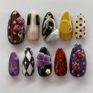 Handmade Retro Whimsical Press On Nails | Mixed Patterns with Flowers, Polka Dots & Stars | Almond Nails For Artistic Vintage Vibe