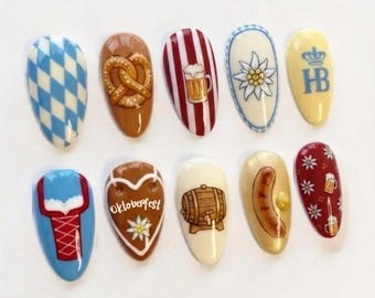 Handmade Oktoberfest Press On Nails | 3D Pretzel, Beer & Bavarian Festival Art | Festive German Culture Fake Nails Set