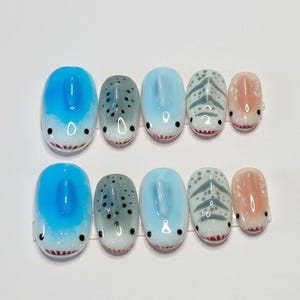 Handmade 3D Cute Shark Press On Nails | Ocean Blue, Whale Shark & Predator Designs | Kawaii Animal Nails