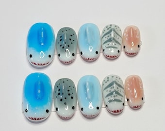 Handmade 3D Cute Shark Press On Nails | Ocean Blue, Whale Shark & Predator Designs | Kawaii Animal Nails
